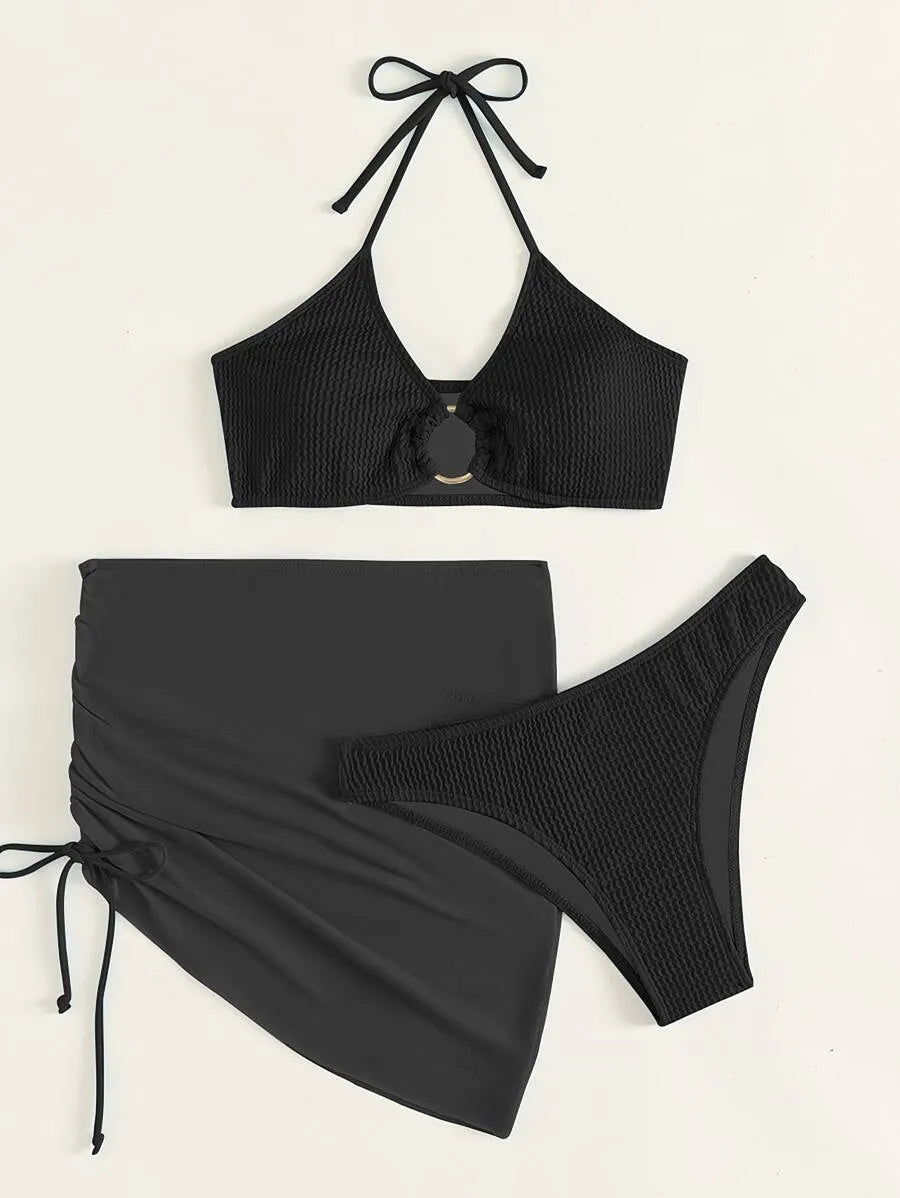Women’s 3pcs Textured Bikini Set – Ring-Linked Triangle Bra, Cheeky Bottom, and Matching Cover-Up Skirt, Stylish Summer Beach Swimwear Perfect for Vacation, Poolside Fun, and Trendy Beach Outfits