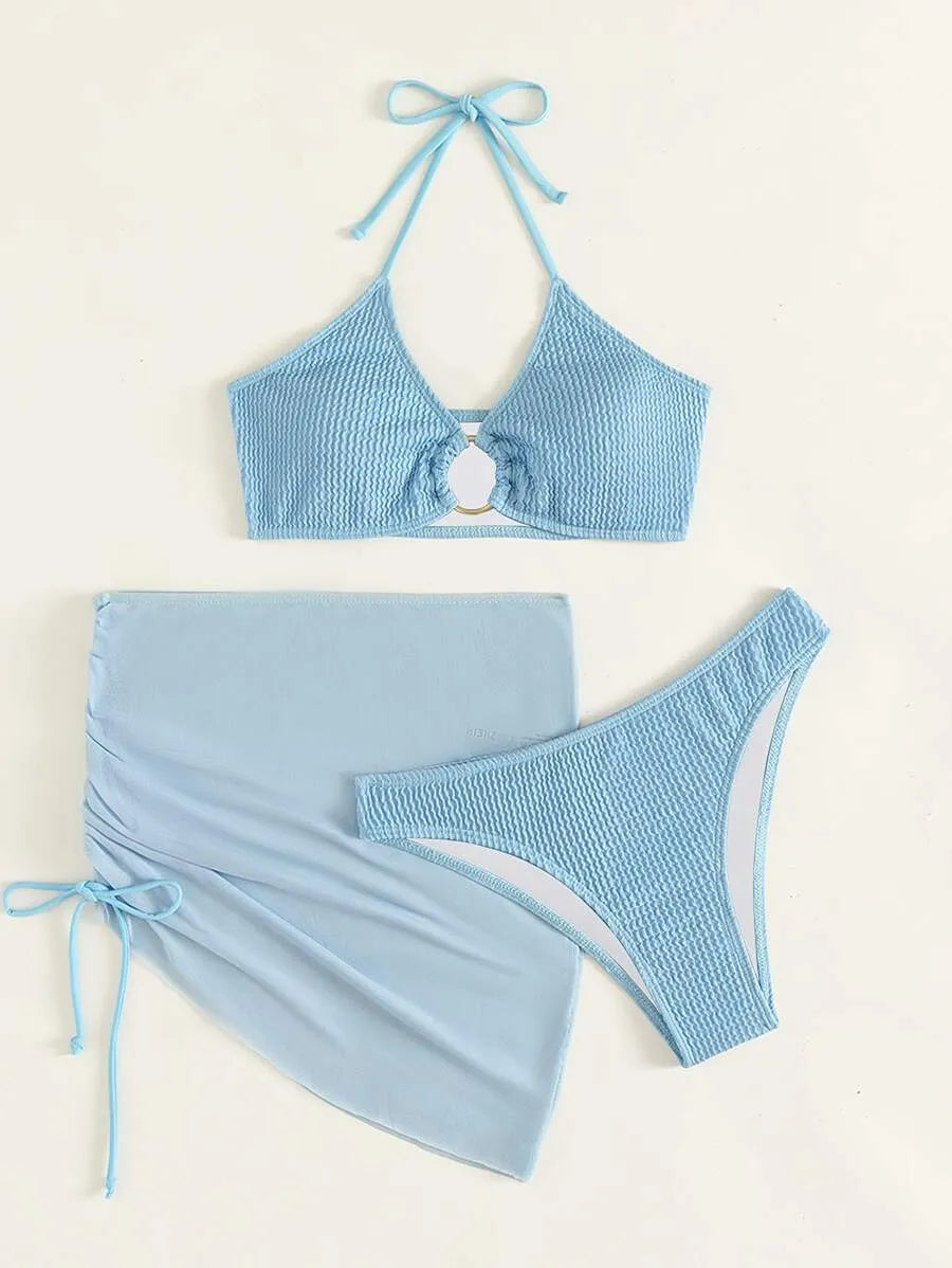 Women’s 3pcs Textured Bikini Set – Ring-Linked Triangle Bra, Cheeky Bottom, and Matching Cover-Up Skirt, Stylish Summer Beach Swimwear Perfect for Vacation, Poolside Fun, and Trendy Beach Outfits