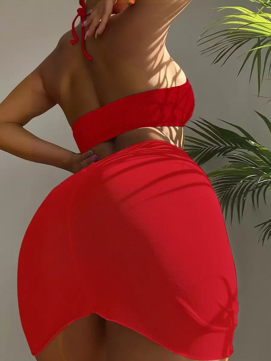 Women’s 3pcs Textured Bikini Set – Ring-Linked Triangle Bra, Cheeky Bottom, and Matching Cover-Up Skirt, Stylish Summer Beach Swimwear Perfect for Vacation, Poolside Fun, and Trendy Beach Outfits