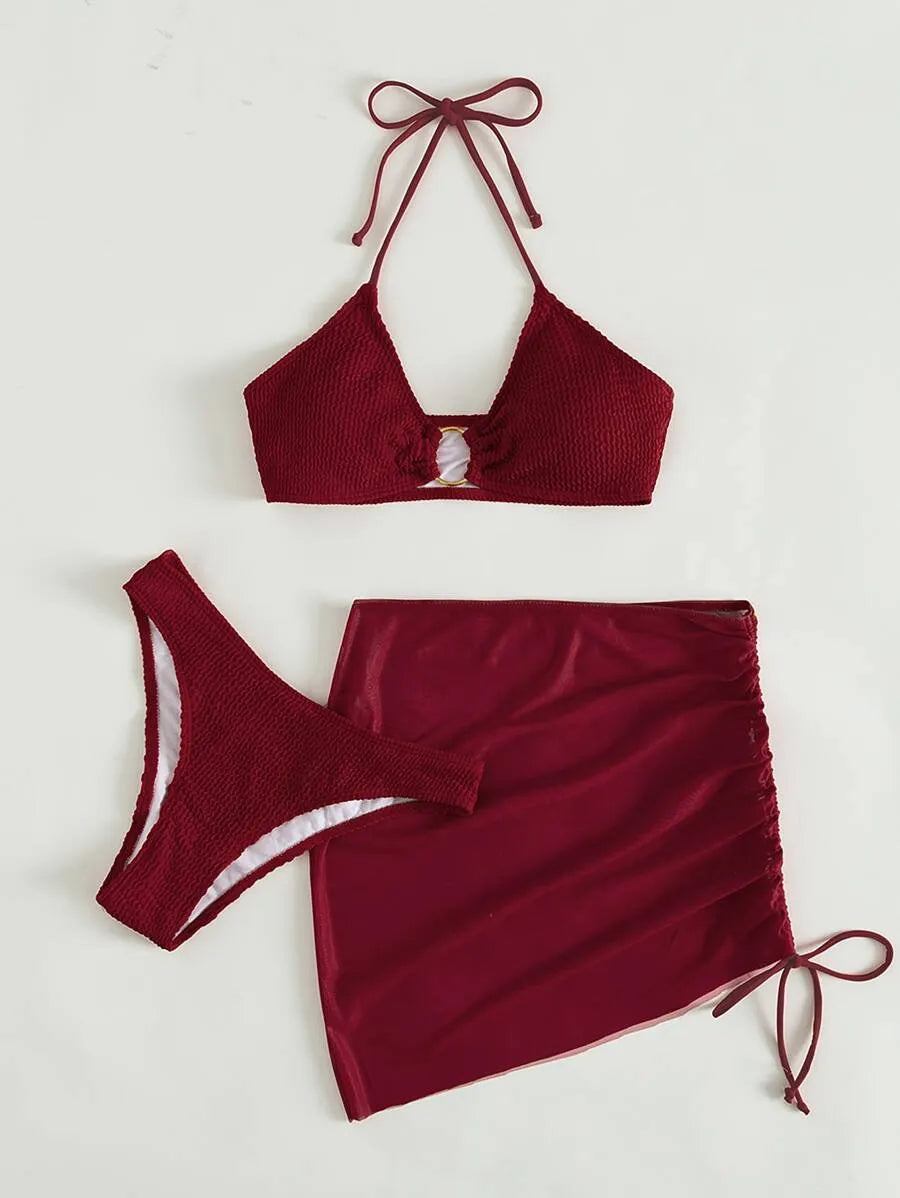 Women’s 3pcs Textured Bikini Set – Ring-Linked Triangle Bra, Cheeky Bottom, and Matching Cover-Up Skirt, Stylish Summer Beach Swimwear Perfect for Vacation, Poolside Fun, and Trendy Beach Outfits