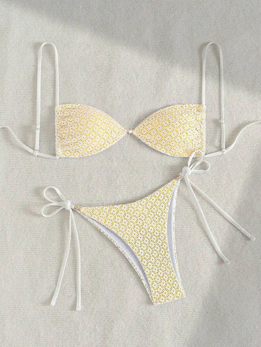 Women’s 2pcs Summer Beach Outfit – Textured Fabric Crop Top with Pearl and Metallic Decor, Spaghetti Straps, and Side Tie Bikini Shorts, Trendy and Sexy Swimwear Set Perfect for Pool, Vacation, and Summer Days