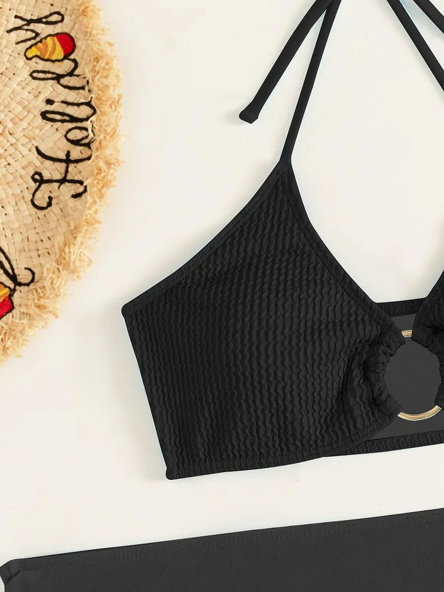 Women’s 3pcs Textured Bikini Set – Ring-Linked Triangle Bra, Cheeky Bottom, and Matching Cover-Up Skirt, Stylish Summer Beach Swimwear Perfect for Vacation, Poolside Fun, and Trendy Beach Outfits