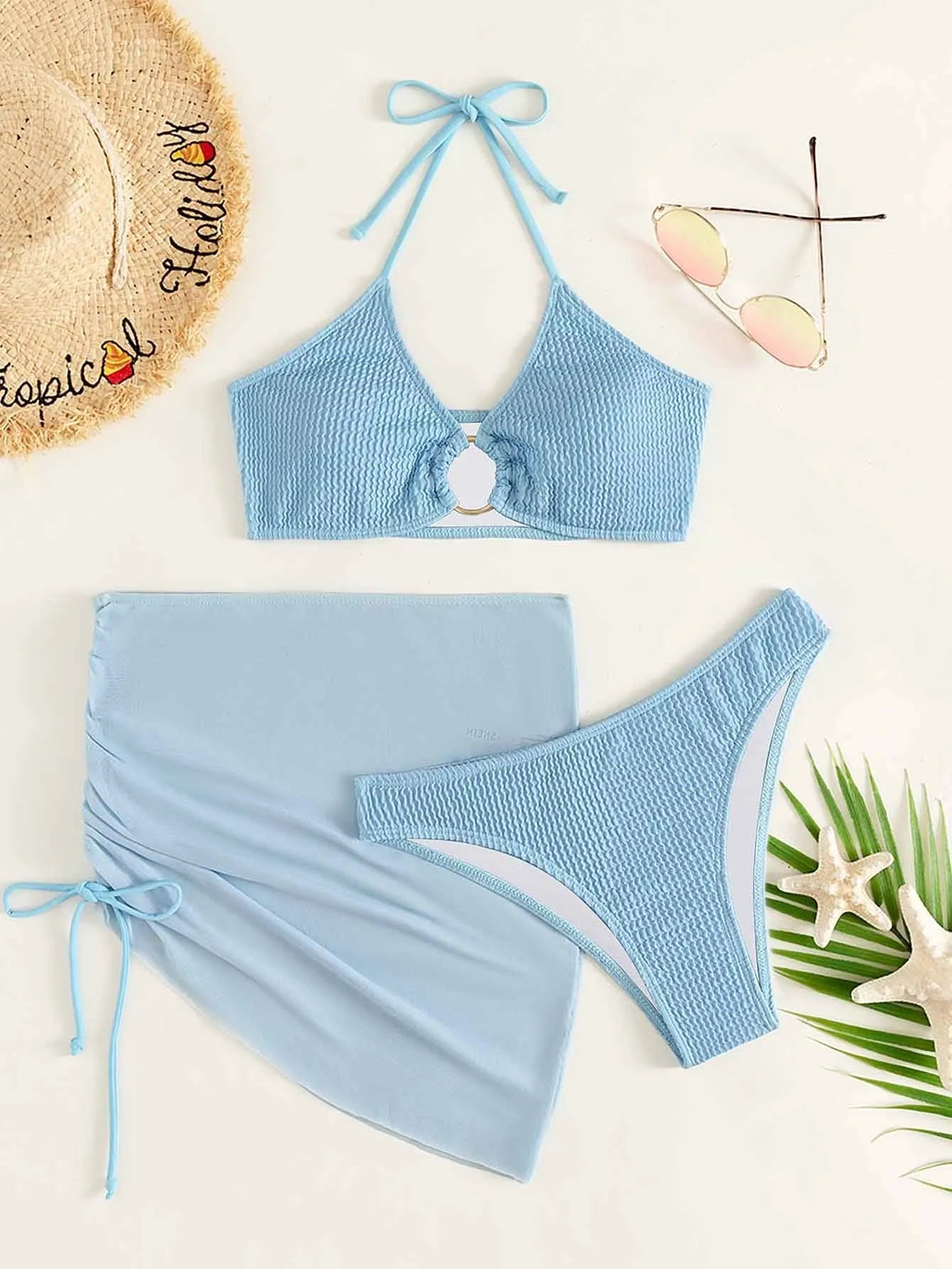 Women’s 3pcs Textured Bikini Set – Ring-Linked Triangle Bra, Cheeky Bottom, and Matching Cover-Up Skirt, Stylish Summer Beach Swimwear Perfect for Vacation, Poolside Fun, and Trendy Beach Outfits