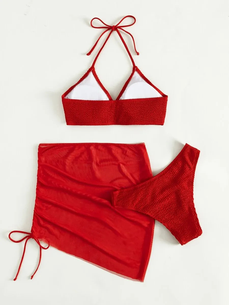 Women’s 3pcs Textured Bikini Set – Ring-Linked Triangle Bra, Cheeky Bottom, and Matching Cover-Up Skirt, Stylish Summer Beach Swimwear Perfect for Vacation, Poolside Fun, and Trendy Beach Outfits