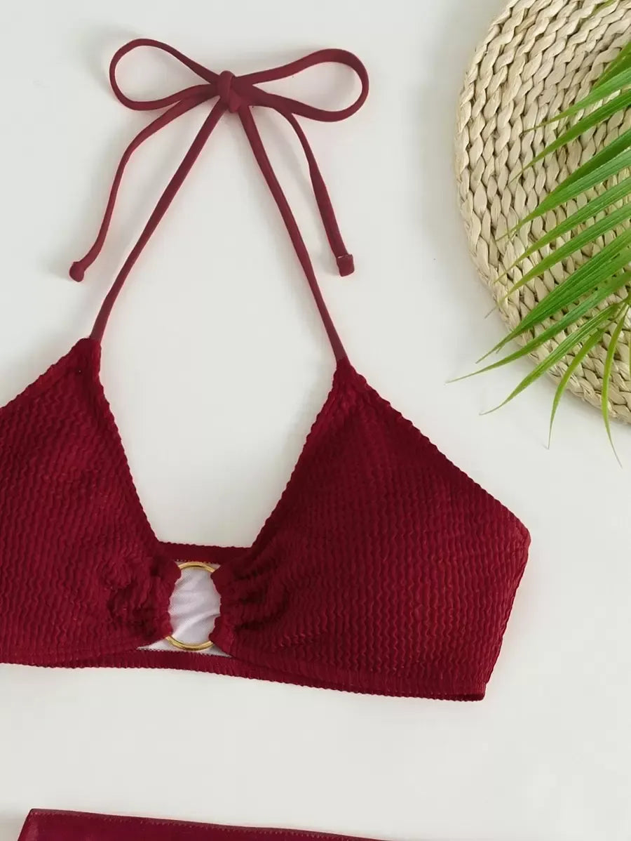 Women’s 3pcs Textured Bikini Set – Ring-Linked Triangle Bra, Cheeky Bottom, and Matching Cover-Up Skirt, Stylish Summer Beach Swimwear Perfect for Vacation, Poolside Fun, and Trendy Beach Outfits