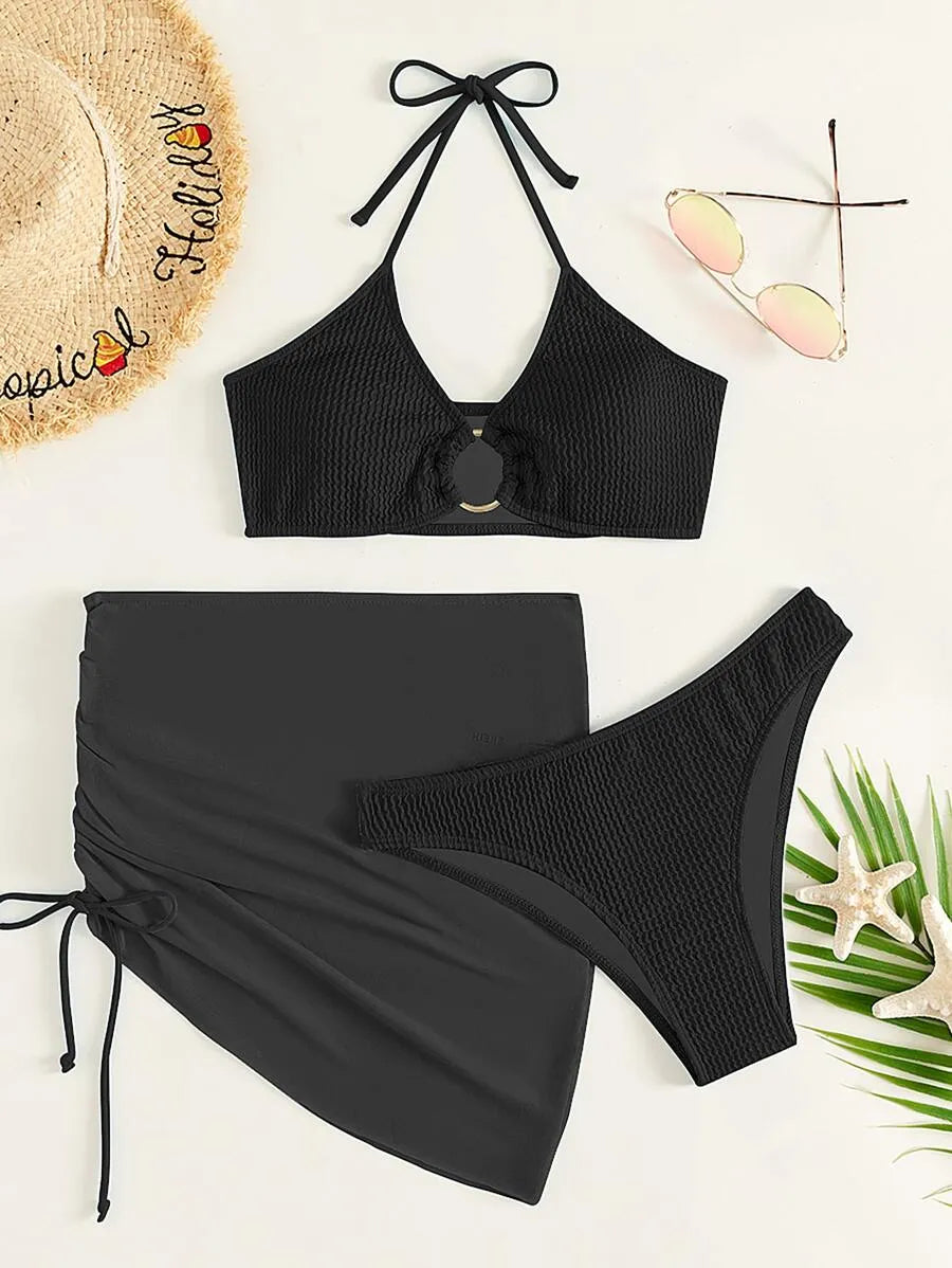 Women’s 3pcs Textured Bikini Set – Ring-Linked Triangle Bra, Cheeky Bottom, and Matching Cover-Up Skirt, Stylish Summer Beach Swimwear Perfect for Vacation, Poolside Fun, and Trendy Beach Outfits