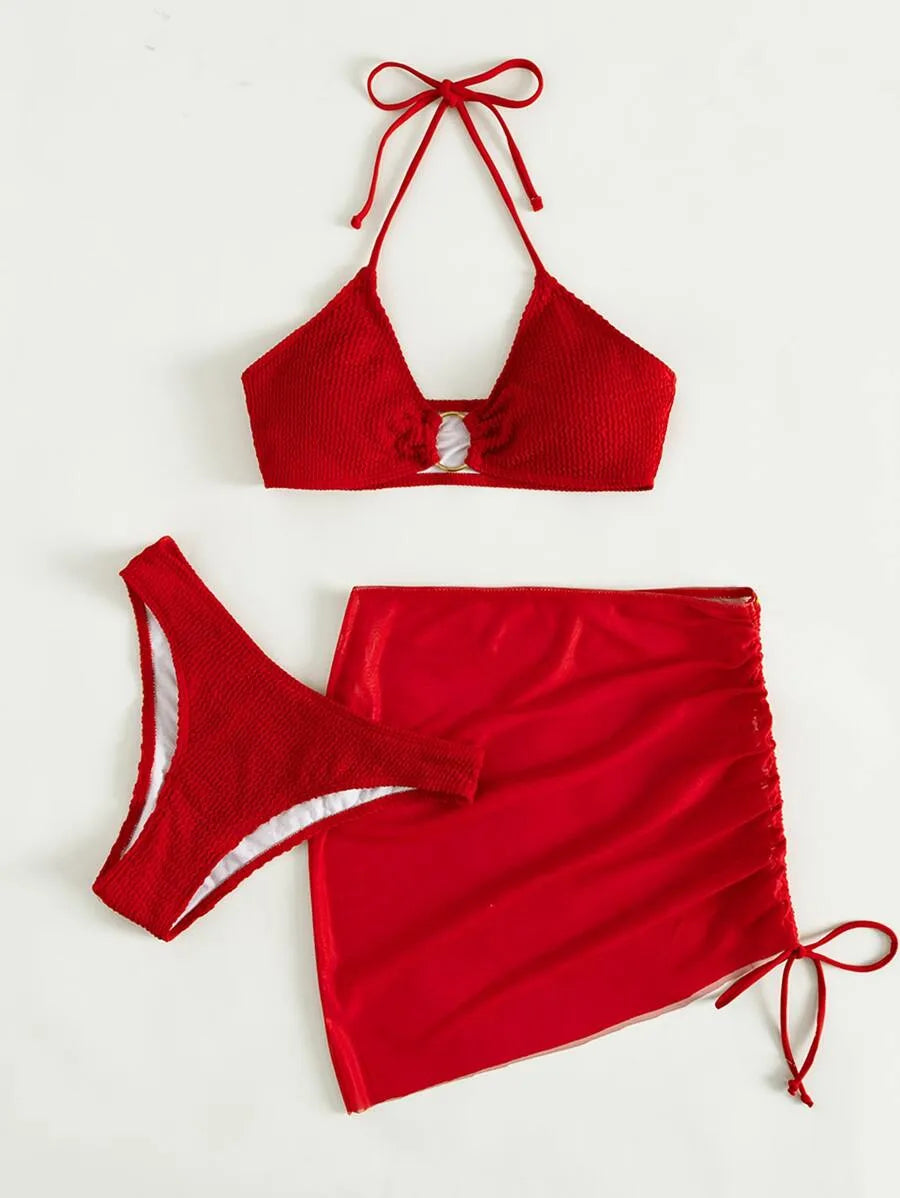 Women’s 3pcs Textured Bikini Set – Ring-Linked Triangle Bra, Cheeky Bottom, and Matching Cover-Up Skirt, Stylish Summer Beach Swimwear Perfect for Vacation, Poolside Fun, and Trendy Beach Outfits