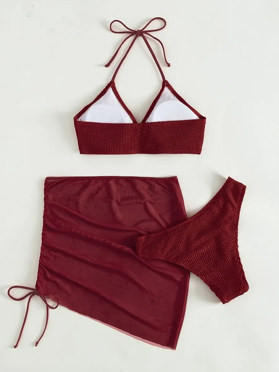 Women’s 3pcs Textured Bikini Set – Ring-Linked Triangle Bra, Cheeky Bottom, and Matching Cover-Up Skirt, Stylish Summer Beach Swimwear Perfect for Vacation, Poolside Fun, and Trendy Beach Outfits