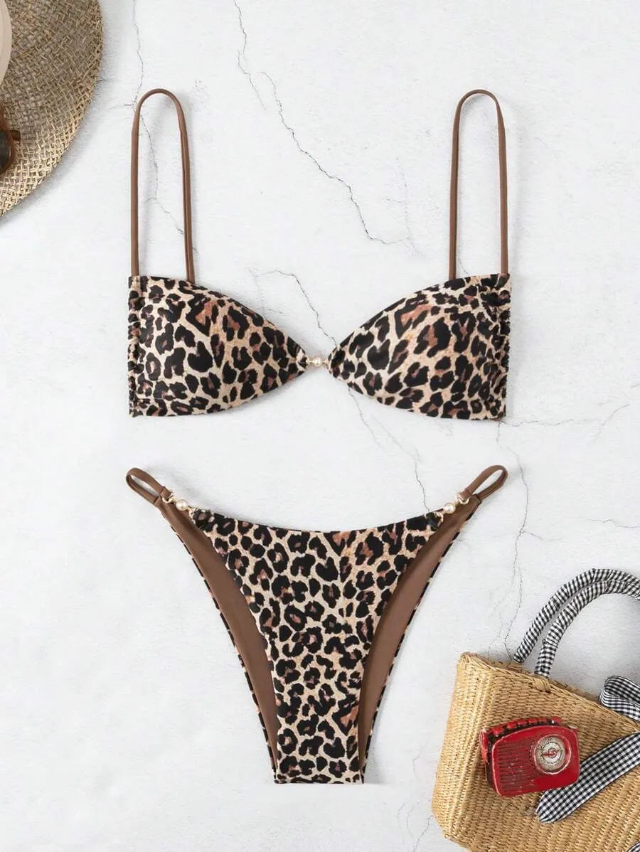 2025 Women’s 2pcs Leopard Print Bikini Set – Sexy Summer Beach Swimwear with Bold Random Print Design, Trendy and Eye-Catching Bathing Suit Perfect for Pool Parties and Tropical Vacations