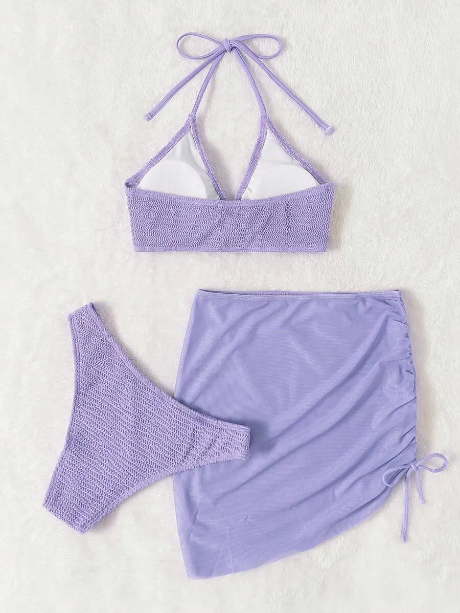 Women’s 3pcs Textured Bikini Set – Ring-Linked Triangle Bra, Cheeky Bottom, and Matching Cover-Up Skirt, Stylish Summer Beach Swimwear Perfect for Vacation, Poolside Fun, and Trendy Beach Outfits