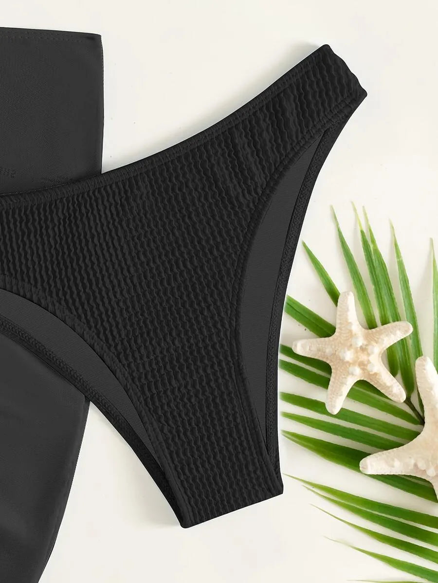 Women’s 3pcs Textured Bikini Set – Ring-Linked Triangle Bra, Cheeky Bottom, and Matching Cover-Up Skirt, Stylish Summer Beach Swimwear Perfect for Vacation, Poolside Fun, and Trendy Beach Outfits