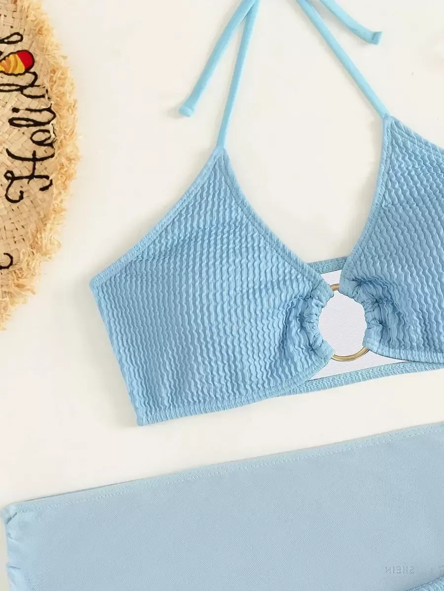 Women’s 3pcs Textured Bikini Set – Ring-Linked Triangle Bra, Cheeky Bottom, and Matching Cover-Up Skirt, Stylish Summer Beach Swimwear Perfect for Vacation, Poolside Fun, and Trendy Beach Outfits