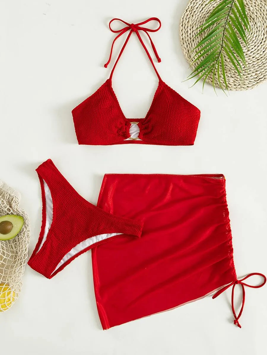 Women’s 3pcs Textured Bikini Set – Ring-Linked Triangle Bra, Cheeky Bottom, and Matching Cover-Up Skirt, Stylish Summer Beach Swimwear Perfect for Vacation, Poolside Fun, and Trendy Beach Outfits