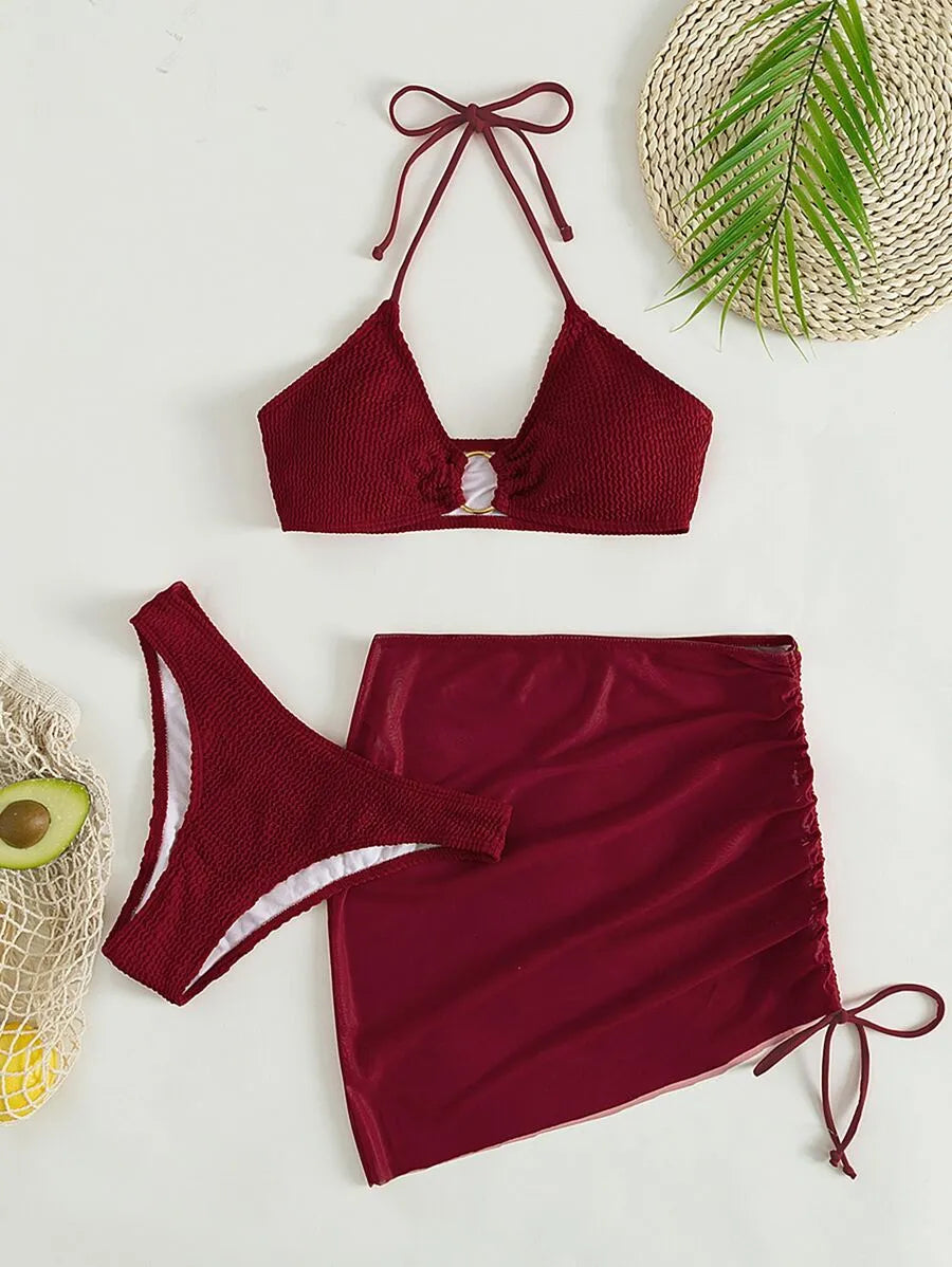 Women’s 3pcs Textured Bikini Set – Ring-Linked Triangle Bra, Cheeky Bottom, and Matching Cover-Up Skirt, Stylish Summer Beach Swimwear Perfect for Vacation, Poolside Fun, and Trendy Beach Outfits