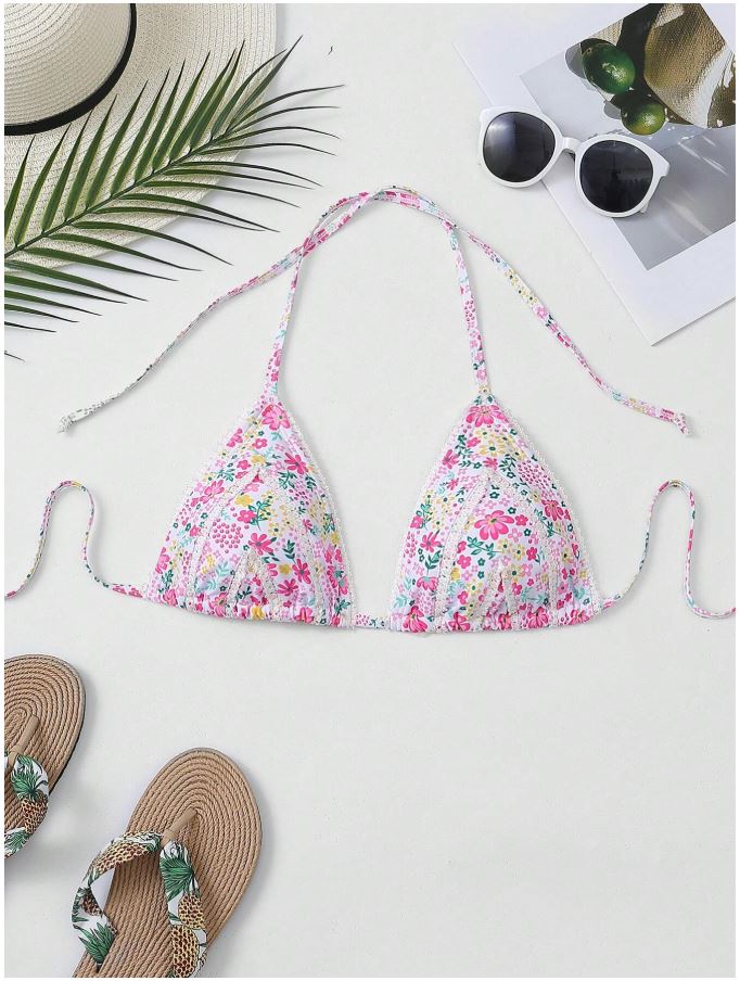 Floral Printed Halter Neck Backless Bikini Top for Women – Sexy Summer Beach Swimwear with Adjustable Back Tie, Trendy Two Piece Bikini Top for Vacation & Poolside
